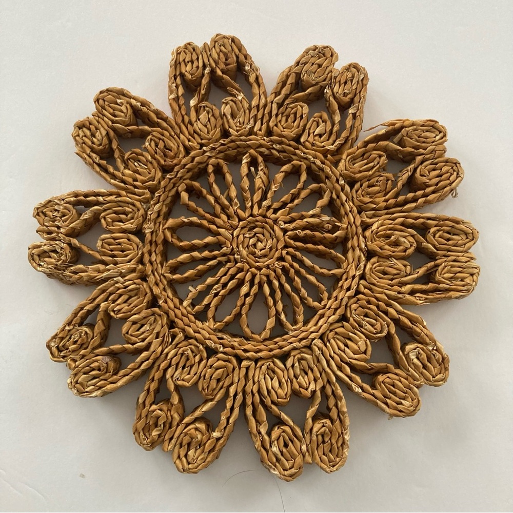 Vintage 1970's Woven Trivet, Tan Rattan Wicker Retro Grannycore 6.75" Diameter
